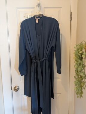 Victoria’s Secret 3PC Lounge Set L Blue Waffle Knit Robe Tank & Pants Pockets